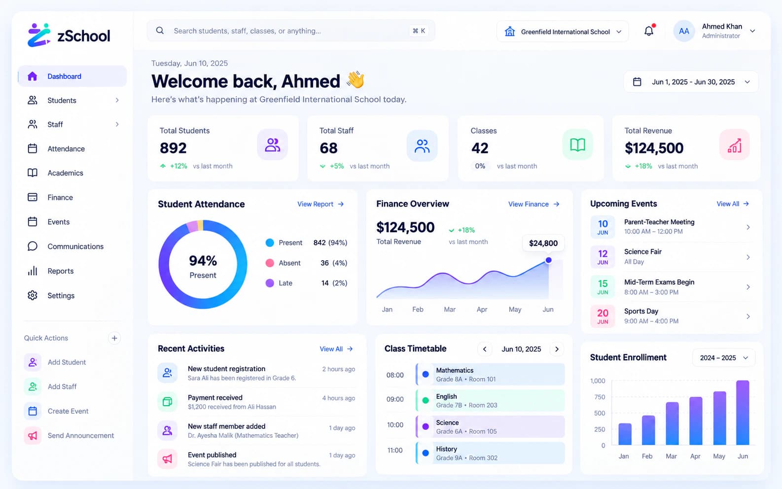 zSchool school management dashboard preview